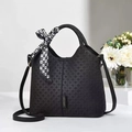 Elegant black woven bucket bag with silk scarf handle and adjustable crossbody strap - L24 H22 W9 / Black (Grid)