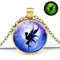 Glow in the dark butterfly fairy necklace with glass dome pendant in bronze finish - Tree Shadow Fairy Style (JY008273-10)