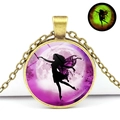 Detailed view of bronze fairy pendant with glowing green butterfly effect in the dark - Purple Moonlight Fairy Style (JY008273-6)