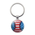 Detail of round glass dome keychain featuring American flag baseball graphic on silver metal - Flag Baseball Glass Style (JY008280-11)