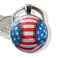 Detail of USA flag baseball pendant keychain with silver metal frame and glass dome texture - Star and Stripe Baseball (JY008290-11)