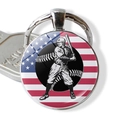 Detail of metal baseball keychain with American flag athlete motif and crystal glass dome - Full Color Batter (JY008290-5)