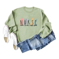 Flat lay of green nurse sweatshirt with coffee scrubs print and denim pants - Olive Green (Black Letters)
