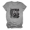 Detail of grey crop top featuring black THIS IS MY CROP TOP slogan with corn graphics - S / Medium Grey