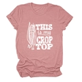 Detail of dusty rose T-shirt with white corn print and funny 'THIS is my CROP TOP' text - Rose Gold