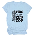 Detailed view of sky blue t-shirt featuring This Is My Crop Top print with corn icon - Light Blue