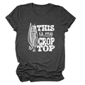 Detailed view of dark grey T-shirt featuring This Is My Crop Top text and corn print - Black Heather Grey