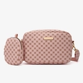 Bolso bandolera rosa estampado con monedero mini y detalles metálicos dorados - Rosa