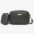 Detalle del bolso bandolera negro con estampado de trébol y monedero pequeño redondo - Negro