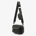 Minimalist black nylon crossbody bag with adjustable wide strap and mini round coin pouch - Black