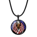 Patriotic American flag and bald eagle round pendant necklace with black cord strap - Black