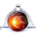 Detailed close-up of galaxy pendant necklace with solar system glass dome and silver chain - Deep Red Starry Sky (JY001051-8)