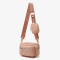 Women's rose pink crossbody camera bag with wide strap and matching mini coin purse - Pink