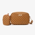 Brown vintage printed camera crossbody bag with a matching coin purse and wide strap - Brown