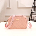 Pink quilted crossbody camera bag for women with gold hardware and wide woven strap - Pink