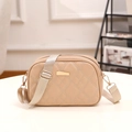 Beige quilted crossbody camera bag with gold hardware and wide nylon strap - Khaki