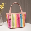 Mini colorful rainbow woven bucket bag with pink leather handles and gold pyramid rivets - Style 1-Rainbow Stripes (Pink Handle)