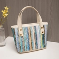 Colorful woven handbag with cream leather handles and gold studs for women - Style 2-Blue Green Stripes (Beige Handle)