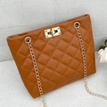 Brown quilted crossbody bag with gold chain strap and rectangular metal lock closure - Brown