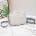 Light grey V-quilted camera bag for women featuring golden hardware and a wide canvas strap - Gray