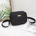 Minimalist black quilted crossbody camera bag with wave embroidery and gold hardware - Black