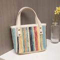 Colorful woven straw bucket bag with blue, yellow and pink stripes and leather handles - Style 3-Wave Multicolor Stripes (Beige Handle)