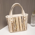 Straw woven bucket bag in beige and coffee stripes with cream leather handles and studs - Style 4-Beige Brown Diagonal (Beige Handle)