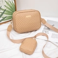 Beige quilted crossbody camera bag set with wave stitching and wide textile strap - Khaki