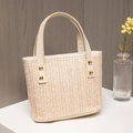 Secchiello intrecciato beige minimalista con trama a spina di pesce e borchie oro - Stile 5-Spina di Pesce Beige (Manico Beige)