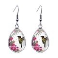 Boucles d'oreilles goutte en verre avec colibri vert et fleurs roses et crochets argent - Style Colibri à dos vert et rose rose (JY008379-6)