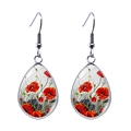 Rote Mohnblumen Ohrringe in Glastropfenform mit Silberhaken für Damen auf weißem Grund - Realistischer Roter Mohn Stil (JY008380-1)