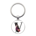 Gros plan d'un porte-clés en métal argenté avec motif floral de la lettre V - Style Lettre V (JY008388-V)