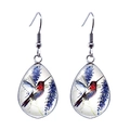 Teardrop glass earrings featuring a watercolor hummingbird and floral art in silver frame - Ruby-throated Hummingbird and Blue Flowers Style (JY008379-2)