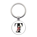 Détail du porte-clés argenté avec lettre T et motif floral sous dôme en verre poli - Style Lettre T (JY008388-T)