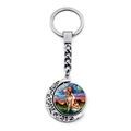 Rotating keychain with Van Gogh Starry Night style Golden Retriever art in silver crescent frame - Golden Retriever Looking Up (JY008394-7)