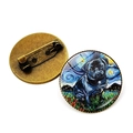 Close-up of Van Gogh Starry Night style Corgi brooch showing front glass and back bronze pin - Pug Pattern (JY008392-11)