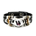 Detail of multi-layer leather bracelet featuring a vintage floral letter W glass pendant - Letter W Style (JY008386-W)