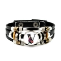 Macro detail of multilayer leather bracelet with floral letter V charm and wooden beads - Letter V Style (JY008386-V)