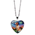 Macro shot of heart pendant with Van Gogh style dog painting on silver chain - Hound Style (JY008405-7)