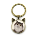Llavero de orejas de gato lindo con metal bronce e ilustración de gato estilo vintage - Gato Gris con Monóculo (YSK3093-11)