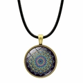 Mandala flower glass pendant necklace with vintage bronze metal and black cord - Rainbow Mandala (JY00612-10)