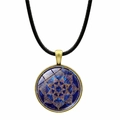 Mandala flower glass gem pendant with bronze frame on black woven cord necklace - Gold Blue Mandala (JY00612-9)