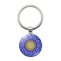 Macro detail of silver mandala keychain with colorful geometric pattern under glass - Purple Cyan Gold Symmetrical Mandala (JY00060-3)