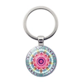 Macro shot of silver mandala keychain featuring colorful geometric floral pattern inlay - Dark Purple Mandala Pattern (JY00060-1)