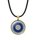 Detail of vintage mandala glass pendant with bronze frame and black cord necklace - Kaleidoscope Blue Mandala (JY00612-7)