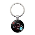 Macro shot of circular medical keychain with I Will Stab You text and stethoscope detail - Jy008426-9