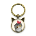 Vintage Bronze Katzenohr Schlüsselanhänger mit süßem Kätzchen Glasanhänger Anhänger - Graue Katze mit Roter Krone (YSK3093-1)
