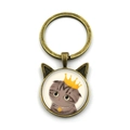 Vintage Bronze Katzen-Schlüsselanhänger mit Kronen-Kätzchen unter Glas-Cabochon - Graue Katze mit Goldener Krone (YSK3093-2)
