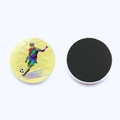 Front and back view of crystal glass football fridge magnets with colorful soccer player motifs - 25mm