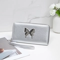 Silver long wallet for women featuring a metal butterfly and detachable wrist strap - Silver